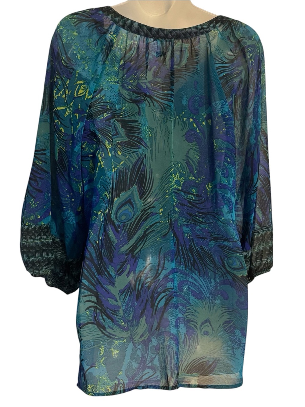 Peacock Print Teal and Blue Peasant Blouse XLARGE   #K - Picture 6 of 9
